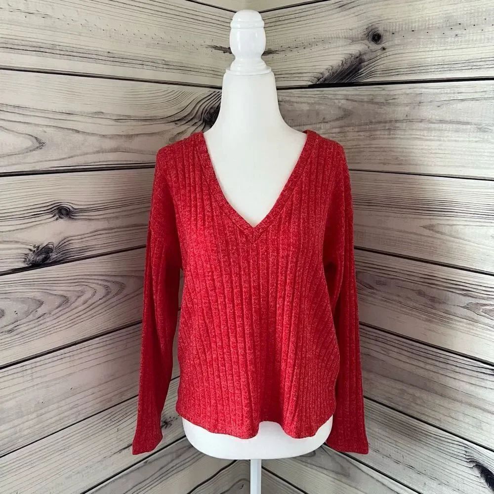 Zara Red Ribbed V Neck Sweater Size Small